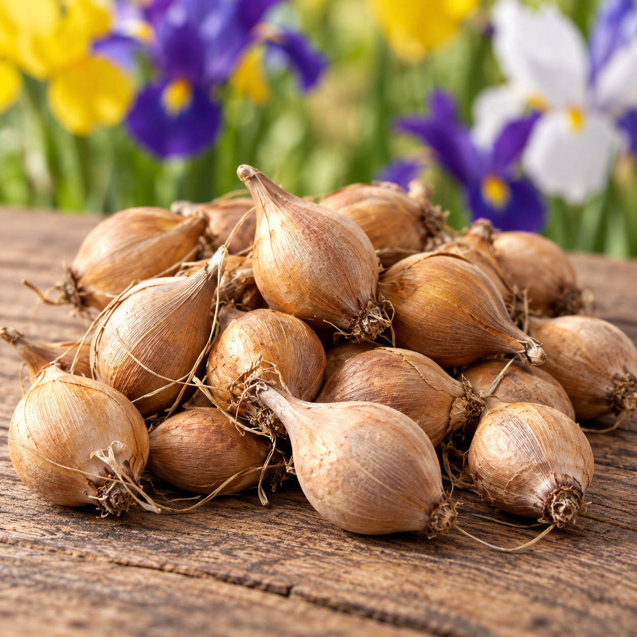 Close-up of realistic Dutch Iris bulbs arranged on wooden table with garden flowers behind