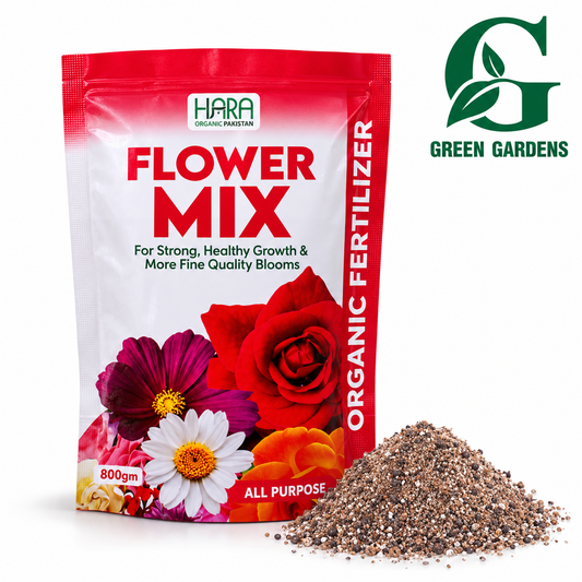 HARA Flower Mix Organic Fertilizer 800g pouch and real fertilizer texture on white background