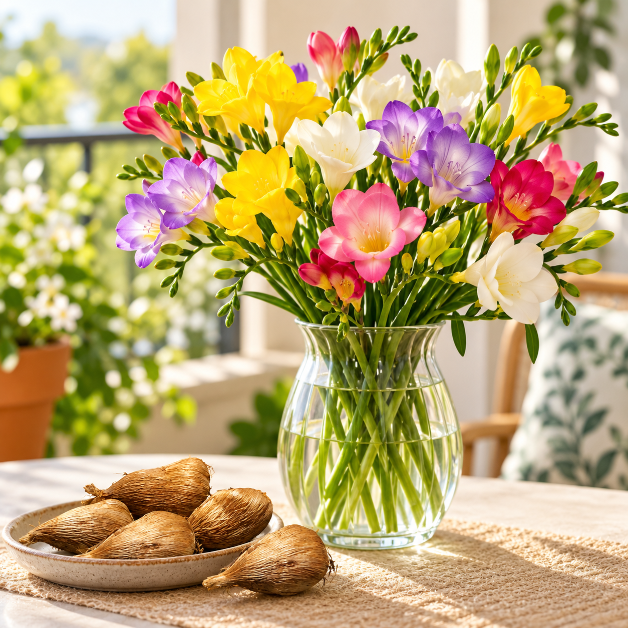 Colourful freesia flowers in vase with freesia bulbs – lifestyle image