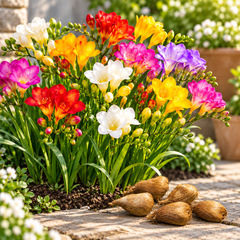 Freesia mixed colour bulbs with blooming freesia flowers – GREEN GARDENS