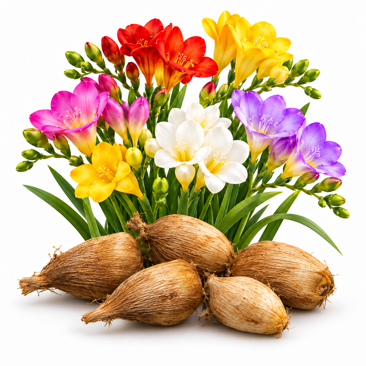 Freesia mixed colour bulbs and flowers on white background – GREEN GARDENS