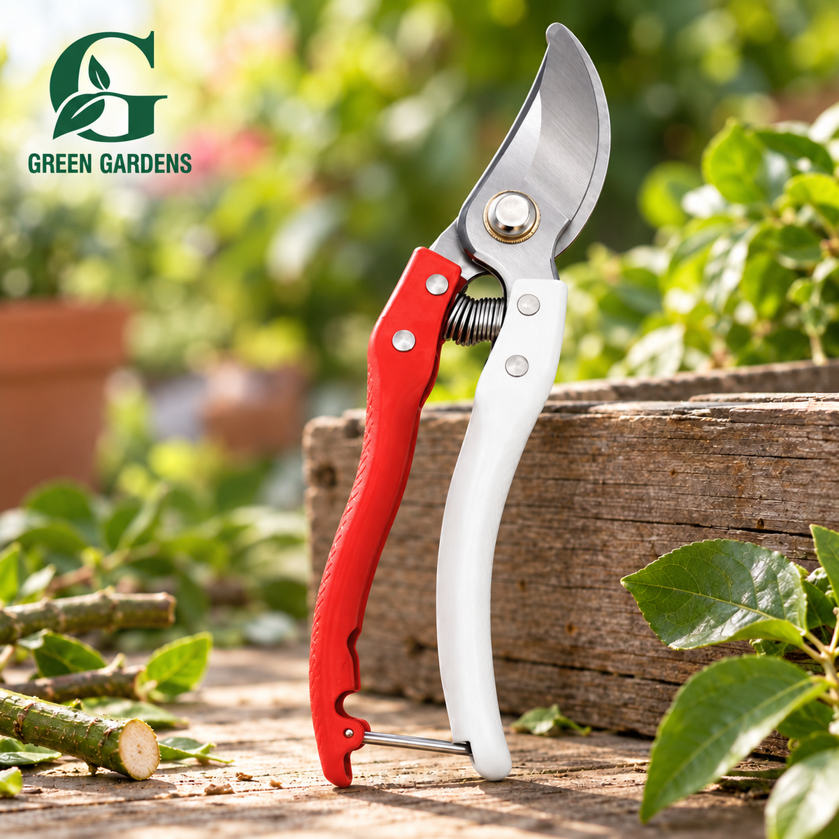 Garden Pruner with SK5 blade, red and white handles - GREEN GARDENS