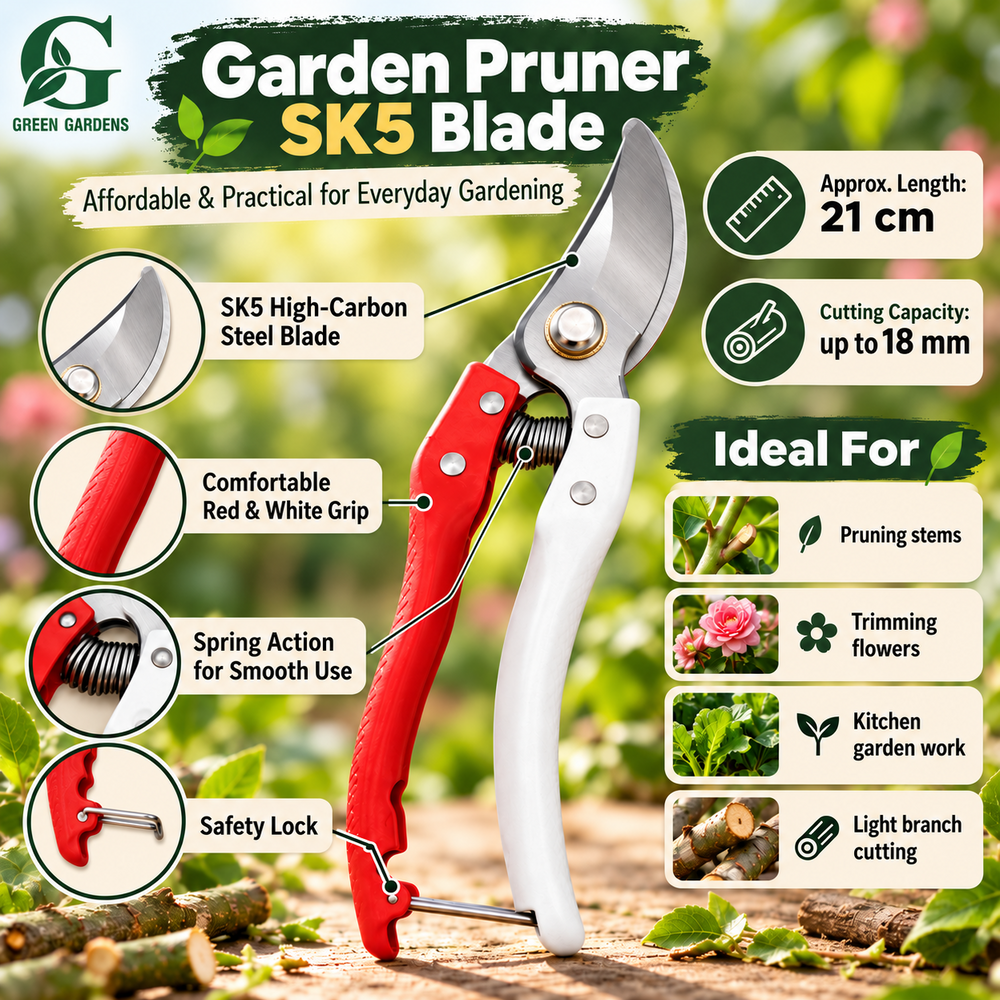 Garden Pruner SK5 blade features and uses infographic - GREEN GARDENS