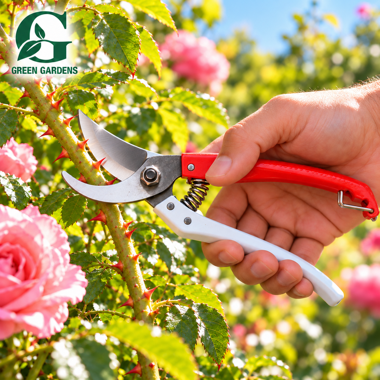 Garden Pruner SK5 blade cutting a rose stem in garden - GREEN GARDENS