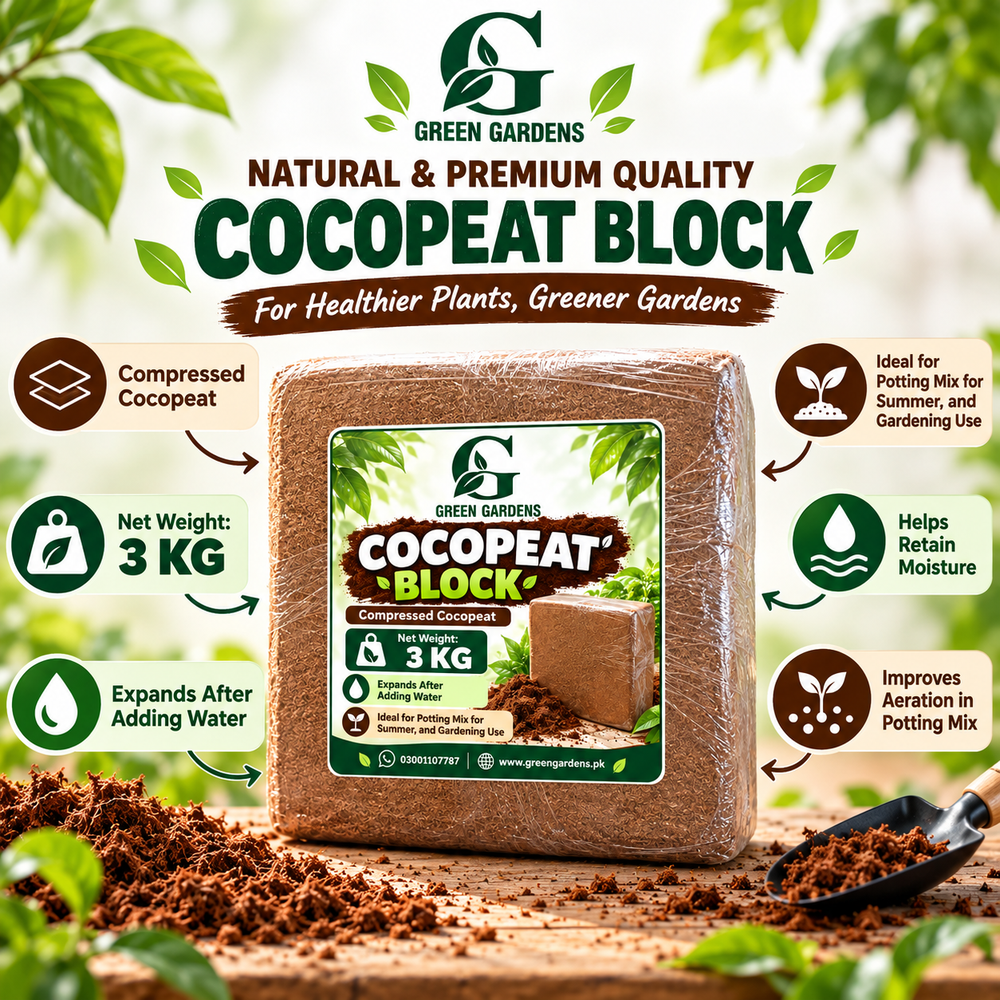 GREEN GARDENS Cocopeat Block 3 KG infographic with features
