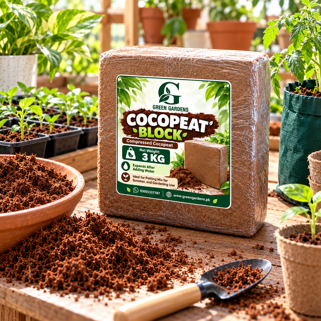 GREEN GARDENS compressed cocopeat block with garden seedlings and potting materials