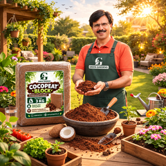 Gardening presenter displaying GREEN GARDENS Cocopeat Block 3 KG