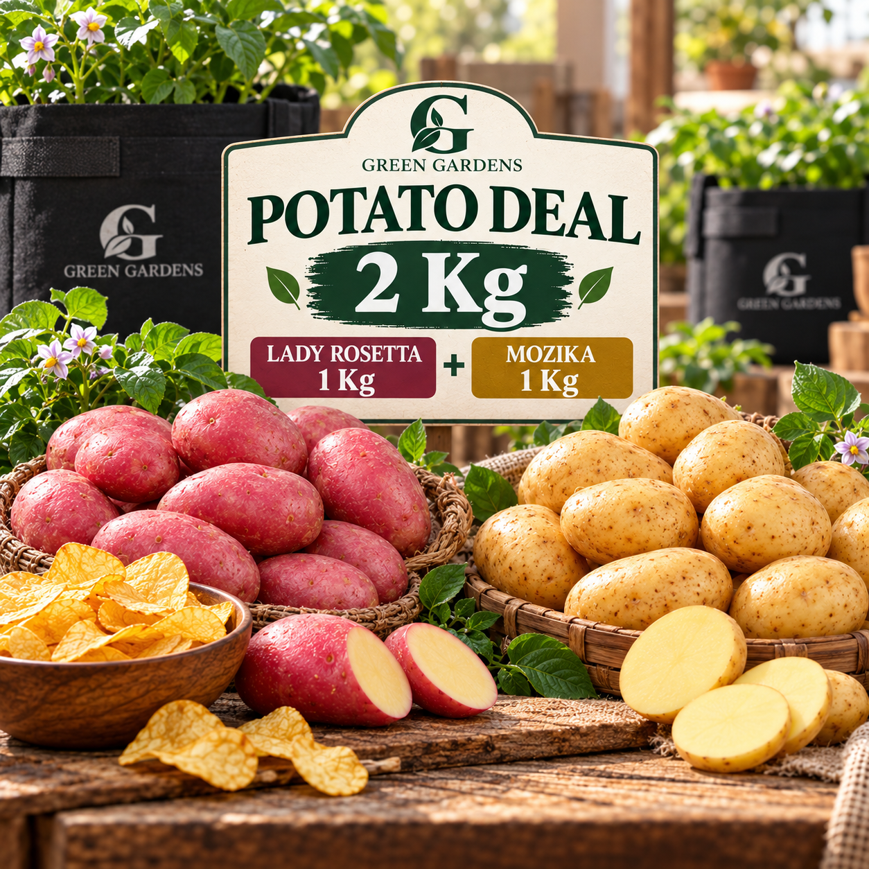 GREEN GARDENS Potato Deal home gardening harvest – red Lady Rosetta and golden Mozika seed potatoes in baskets