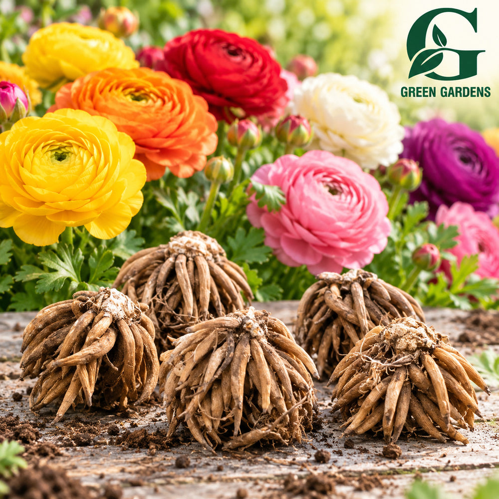 Five separate Ranunculus Mixed corms in a vibrant colourful flower display – GREEN GARDENS