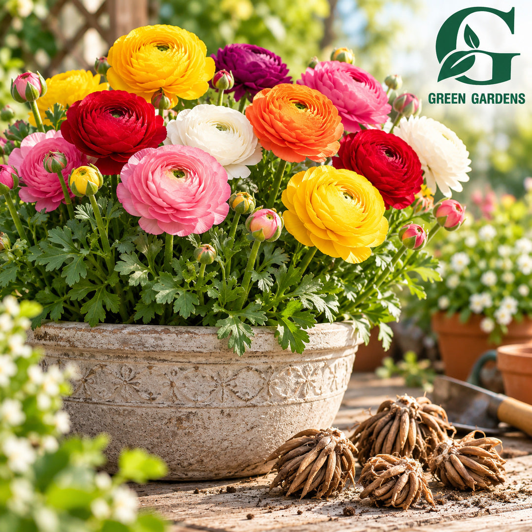 Colourful Ranunculus Mixed flowers in decorative garden planter with corms