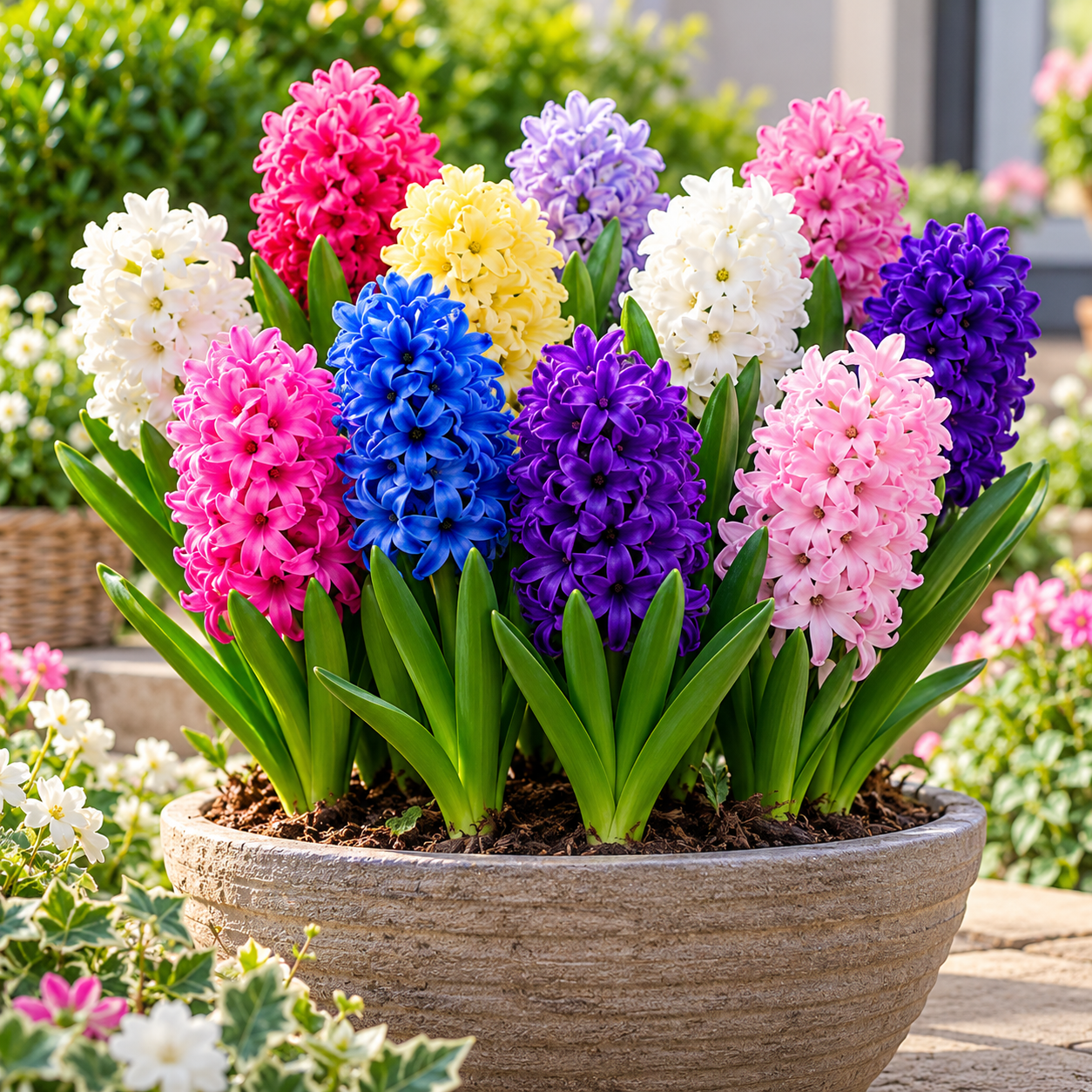 Multicolour hyacinths in bloom in a decorative planter – illustrative result