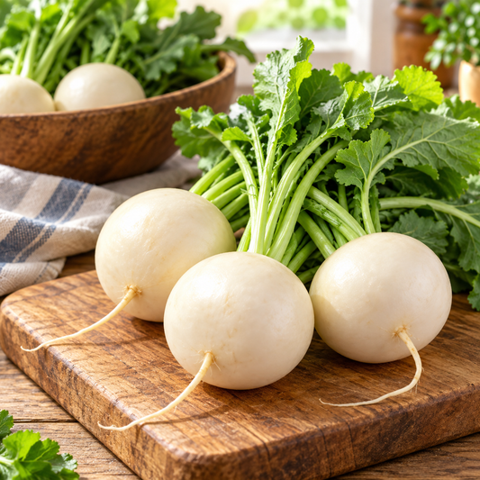 Japanese White Turnip kitchen lifestyle image, freshly harvested white turnips and greens on wooden board