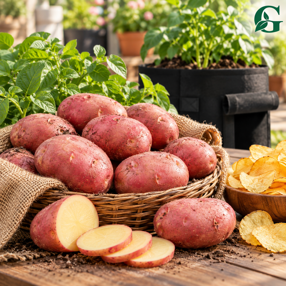 Freshly harvested Lady Rosetta seed potatoes with chips and grow bag – GREEN GARDENS lifestyle photo