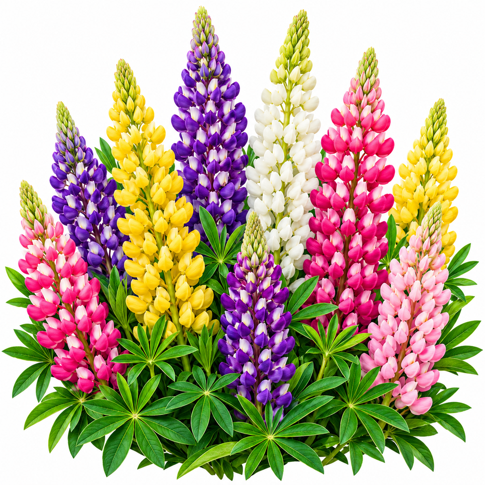 Lupins Seeds Mix colorful flower spikes on pure white background - GREEN GARDENS