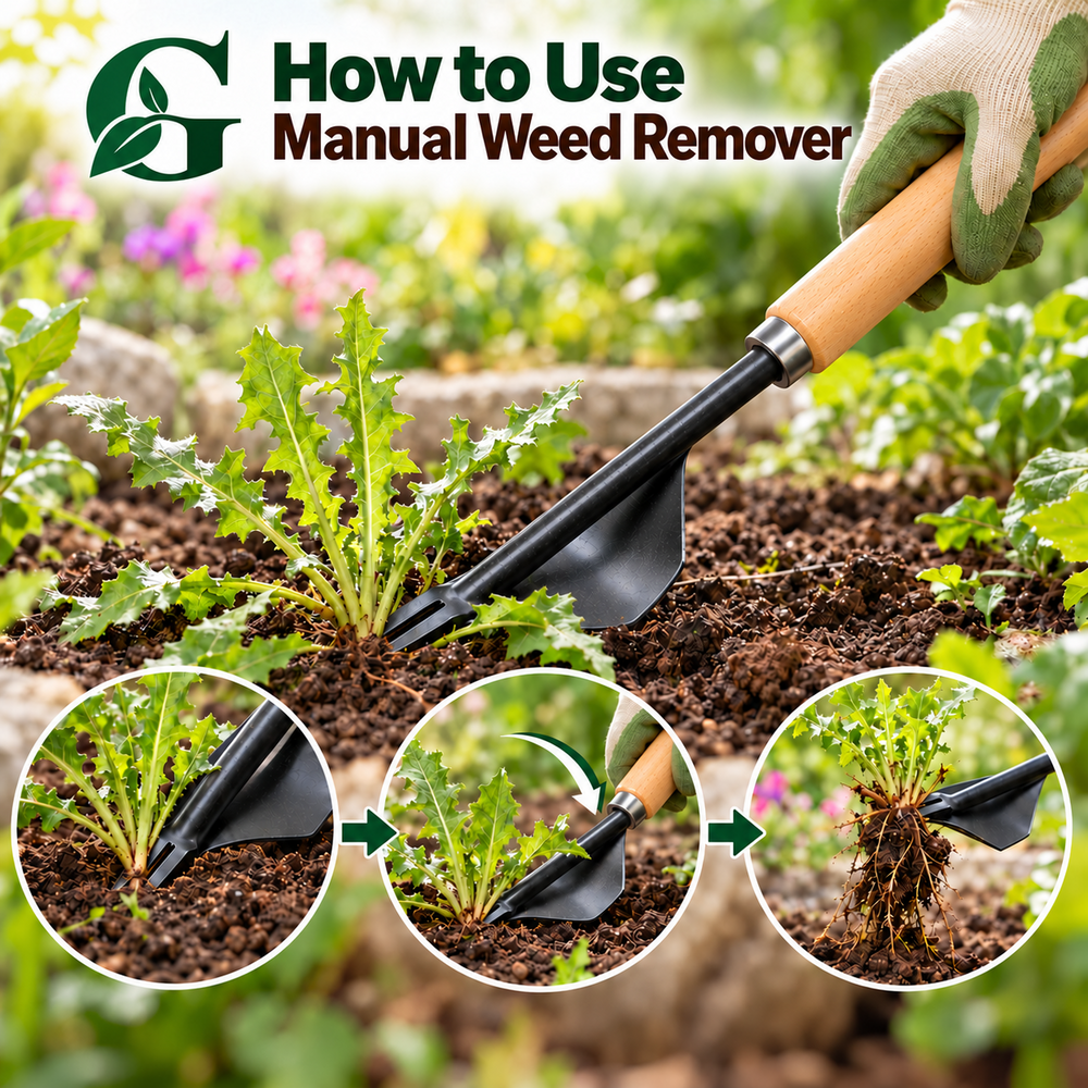 Manual Weed Remover - GWR-1 showing the correct lever-action method for lifting weeds from the crown and roots
