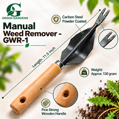 Manual Weed Remover - GWR-1 infographic showing 11.5 inch length, approx. 130 gram weight, carbon steel and wooden handle