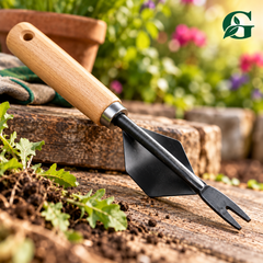 Manual Weed Remover - GWR-1 displayed in a garden setting with wooden handle and forked carbon steel tip