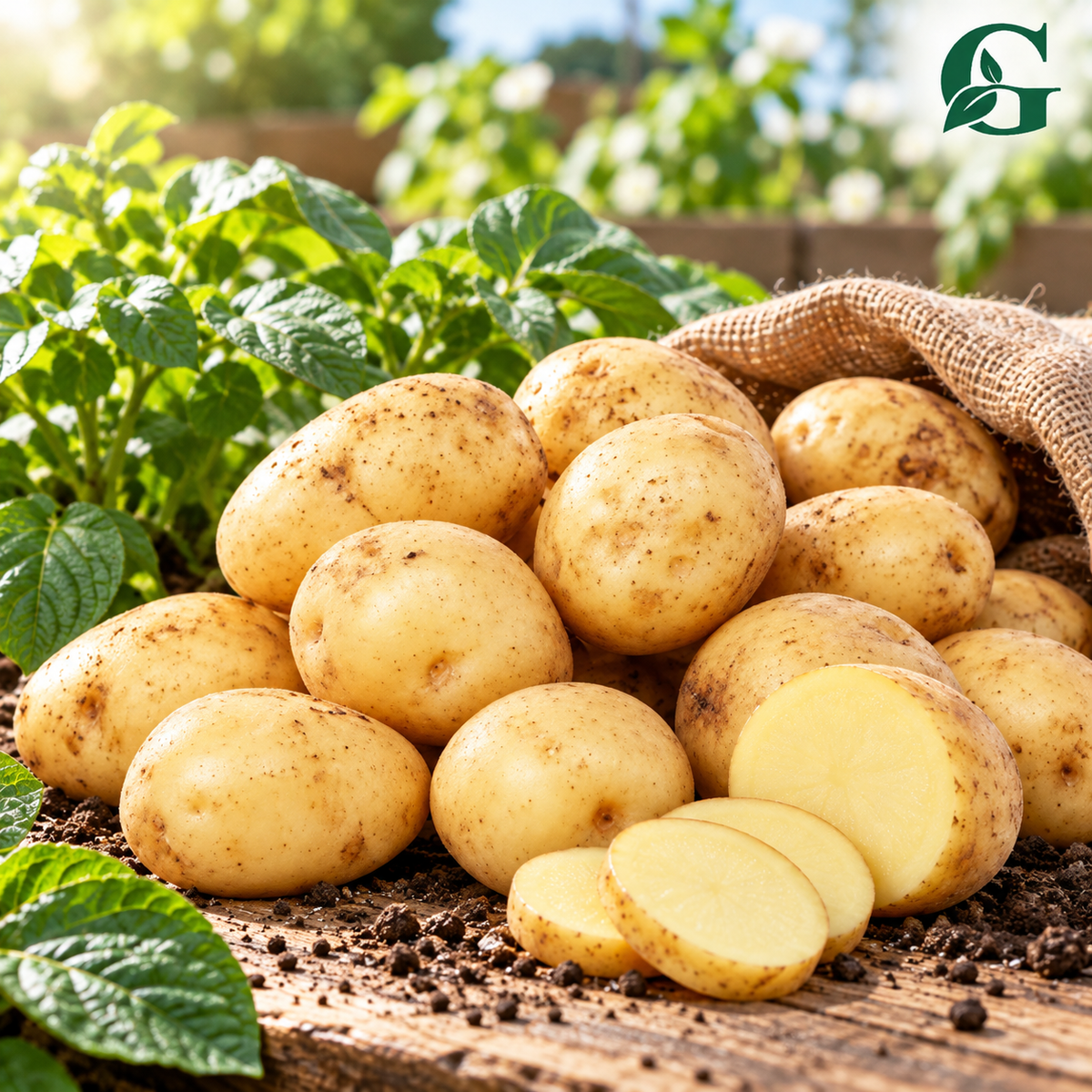 GREEN GARDENS Mozika seed potatoes with golden skin, light flesh and sliced tubers – product hero