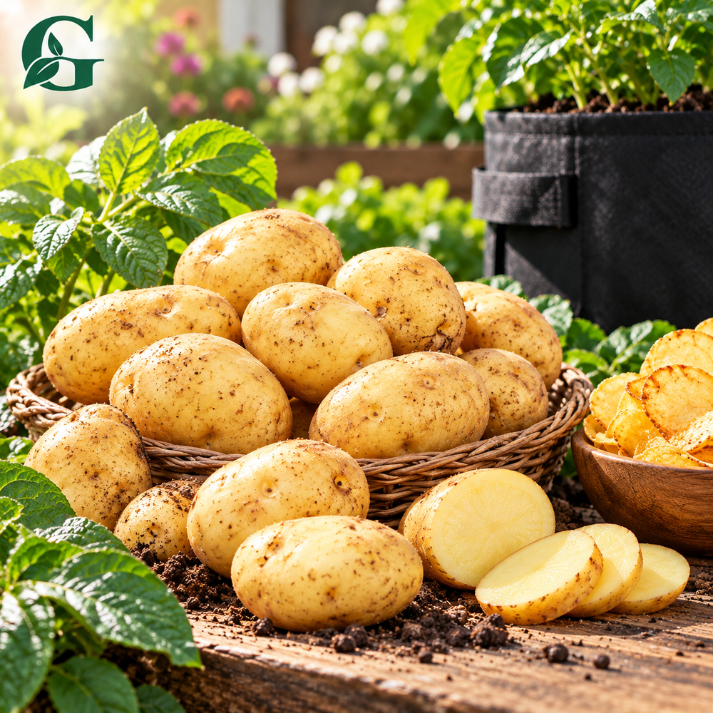 Mozika potato harvest with wicker basket, yellow-skinned potatoes and slices in home garden – GREEN GARDENS