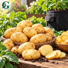 Mozika potato harvest with wicker basket, yellow-skinned potatoes and slices in home garden – GREEN GARDENS