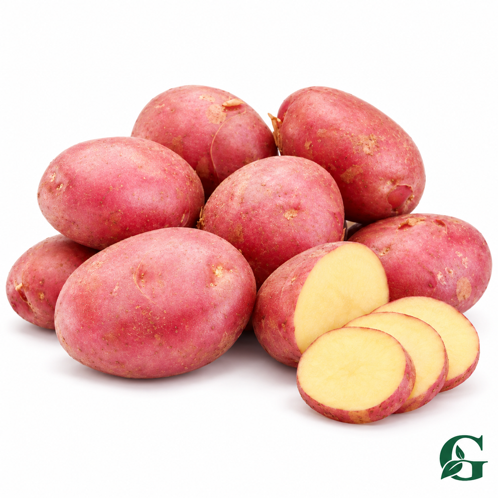 Lady Rosetta red-skinned seed potatoes on white background with sliced potato – GREEN GARDENS
