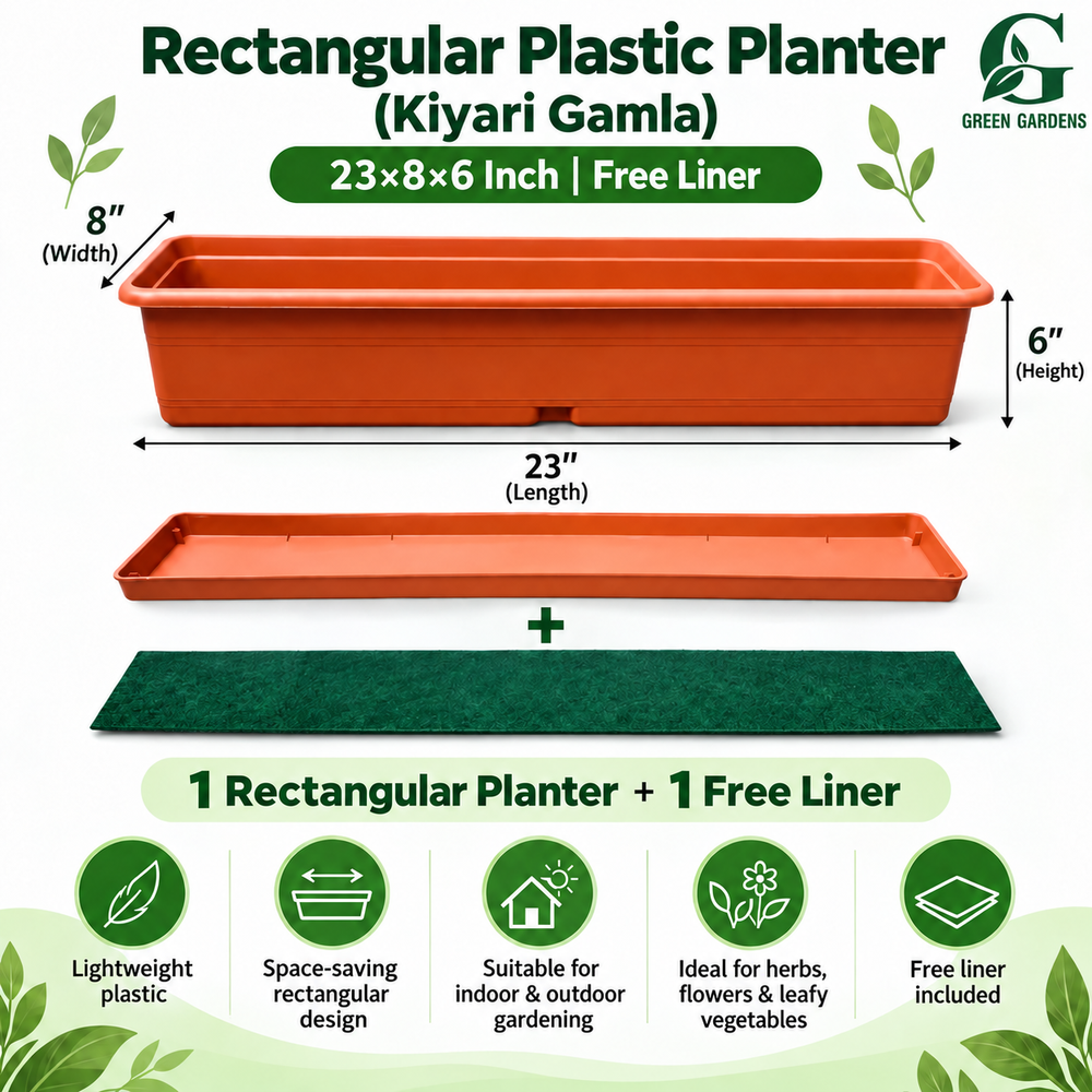 Rectangular Plastic Planter 23x8x6 Inch dimensions and free liner infographic – GREEN GARDENS Pakistan
