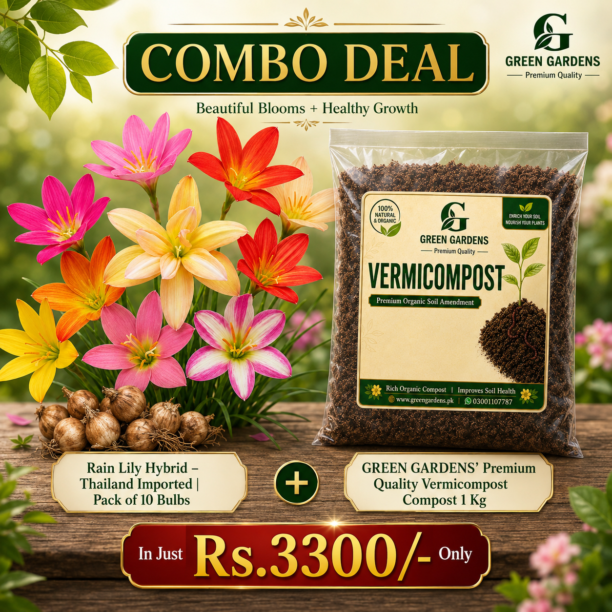 Rain Lily Hybrid & Vermicompost Combo Deal | 10 Bulbs + 1 Kg