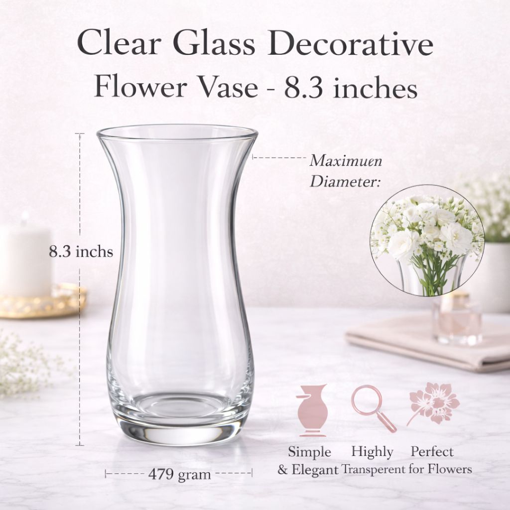 Clear Glass Decorative Flower Vase - 8.3 inches