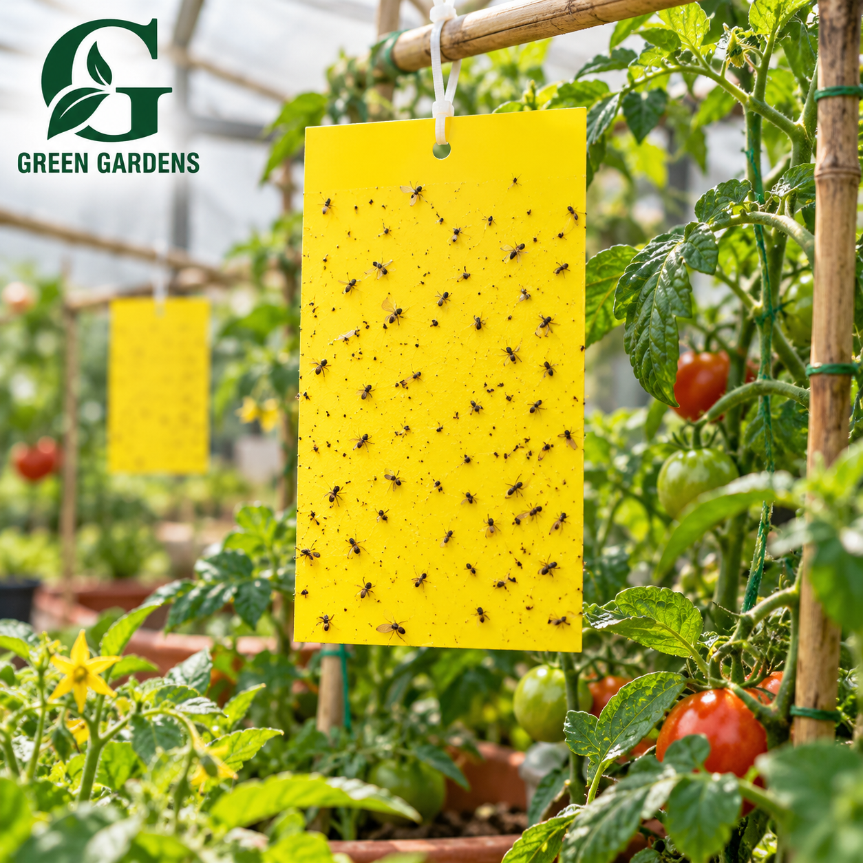 Yellow sticky insect trap hanging near tomato plants