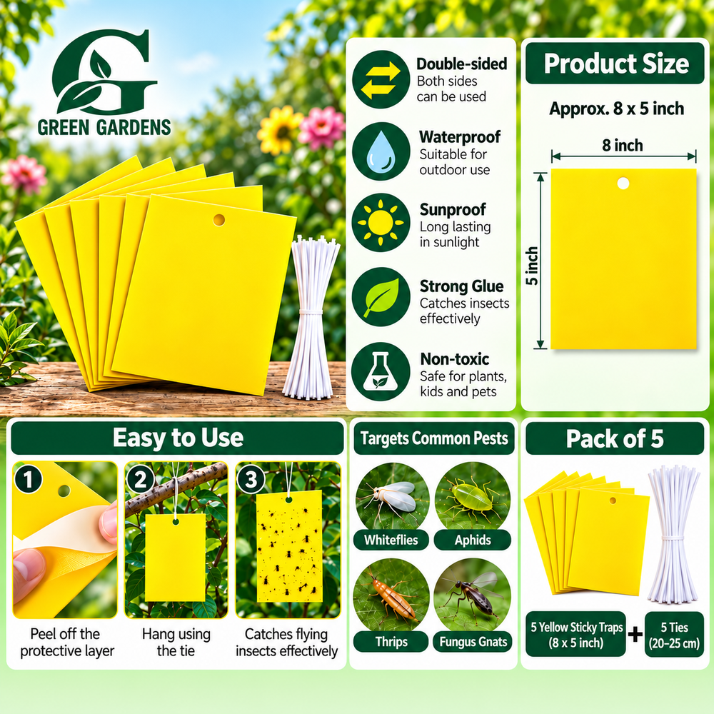 GREEN GARDENS yellow sticky insect trap product infographic