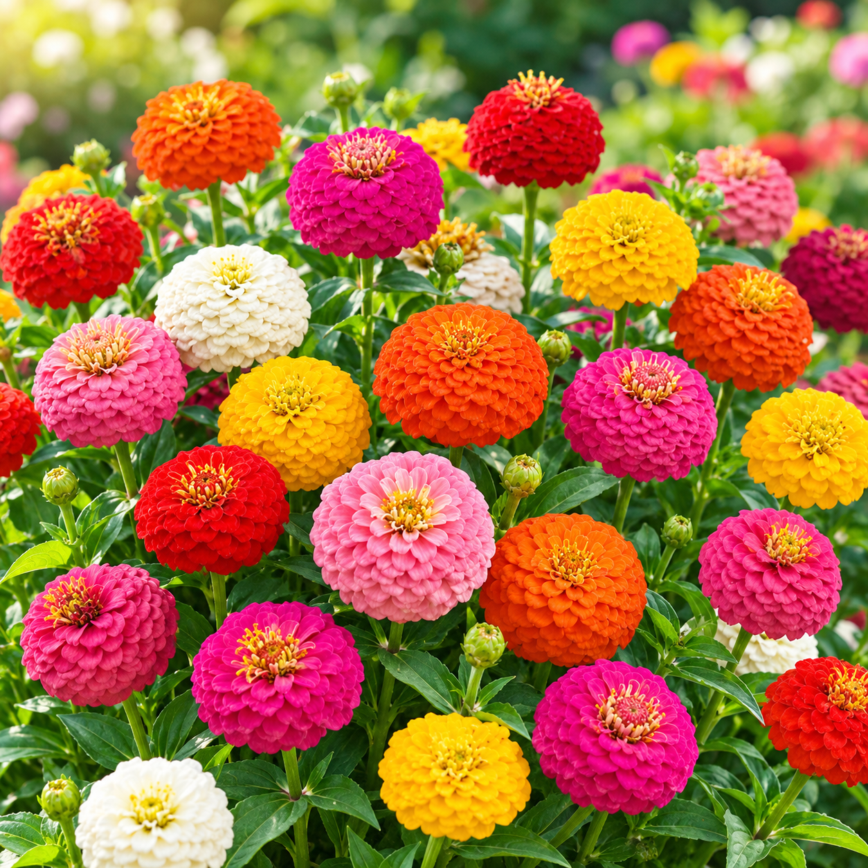 Zinnia Lilliput Mix flowers in colourful summer garden close-up